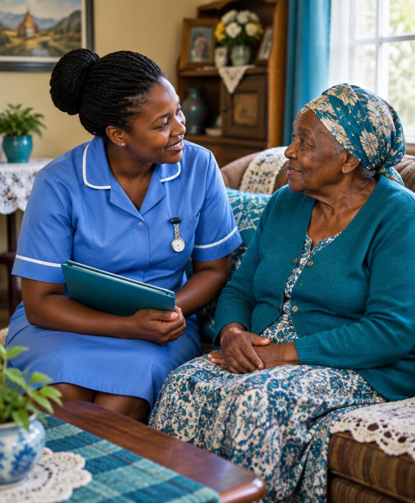 A nurse speaking warmly with an older woman in her home